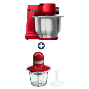 Robot petrin de cuisine MUM Serie 2 en acier inoxydable, rouge (MUMS2ER01) - Bosch + Mini hachoir 400W ROUGE (MMR08R2)